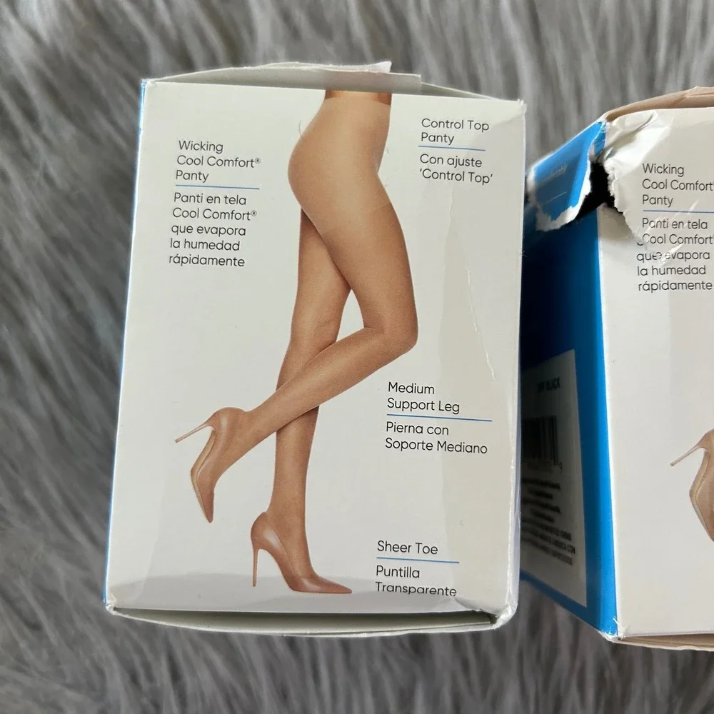 L'eggs Compression Sheer Pantyhose Tights Womens Size Q Control Top Off Black‎